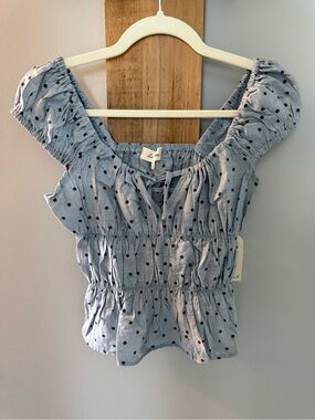 LOVE NOTES Blue Polka Dot Smocked Peasant Top, NWTs